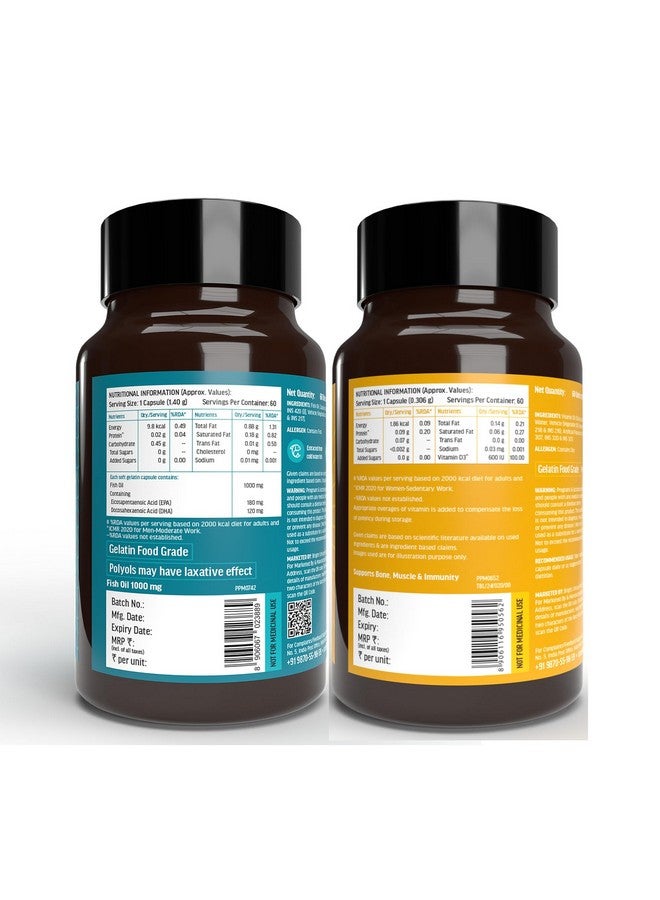 HEALTHKART هيلث كارت hk فيتالس فيتامين د3 (600 وحدة دولية) وزيت السمك (1000 ملغ أوميغا 3 مع 180 ملغ EPA و120 ملغ DHA) (60 قرص لكل منهما) | حزمة كومبو - Image 3