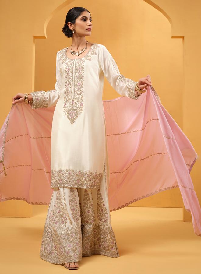 ISHIN Women's Off White Chinon Embellished Kaftan Upperwear Knee Length Palazzo Bottomwear Straight Fit 3 Peice Kurta Set - Image 1