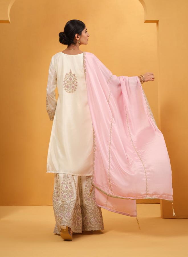 ISHIN Women's Off White Chinon Embellished Kaftan Upperwear Knee Length Palazzo Bottomwear Straight Fit 3 Peice Kurta Set - Image 2