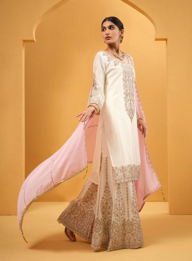 ISHIN Women's Off White Chinon Embellished Kaftan Upperwear Knee Length Palazzo Bottomwear Straight Fit 3 Peice Kurta Set - Image 3