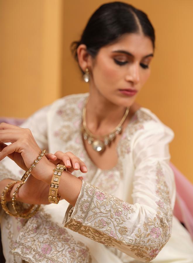 ISHIN Women's Off White Chinon Embellished Kaftan Upperwear Knee Length Palazzo Bottomwear Straight Fit 3 Peice Kurta Set - Image 5