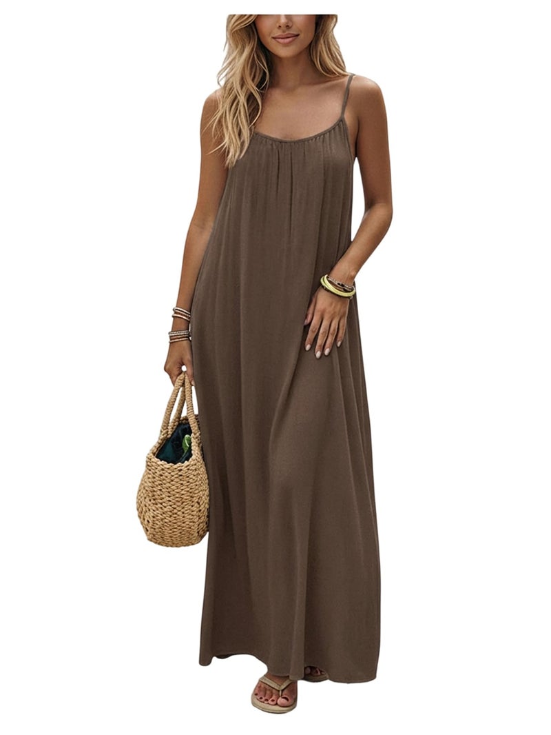 SHENHE Women's Open Back Spaghetti Strap Beach Maxi Dress Loose Flowy Vacation Sundress Coffee Brown Small - Image 1