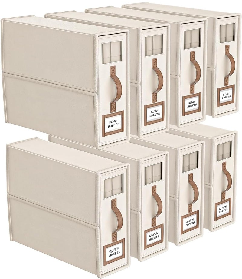 BigPonPon 8 Pack Bed Sheets Organizers And Storage,Sheets Set Folder Keeper with Handle,Foldable Bedding Storage Box For Linen Closet,Duvet Cover(King Size-3.7 Gal,Beige) - Image 1