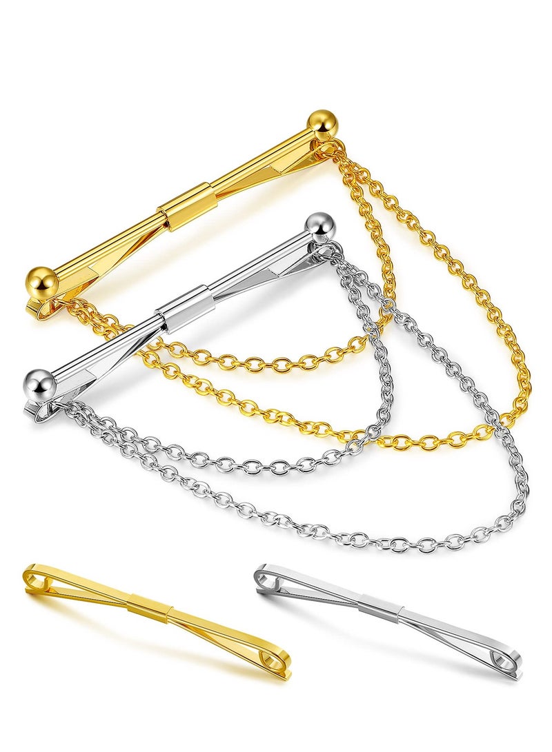 SYOSI Tie Bar Pin Set Men's Classic Shirt Tie Clips Silver and Gold Tone Tie Clips - 4 Pcs with Chain Fringe Tie Pins Tie Chains for Men's Tuxedo for Wedding Anniversary Business and Everyday Use - Image 1