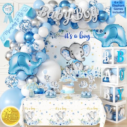 RainMeadow 187 pc Premium Elephant Baby Shower Decorations Balloon Garland Arch Balloons Boxes Baby Boy Banner Its a Boy Backdrop Mommy to Be Sash Tablecloth Elephant Cutouts - Image 1