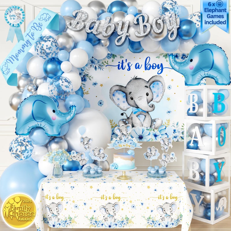 RainMeadow 187 pc Premium Elephant Baby Shower Decorations Balloon Garland Arch Balloons Boxes Baby Boy Banner Its a Boy Backdrop Mommy to Be Sash Tablecloth Elephant Cutouts - Image 2