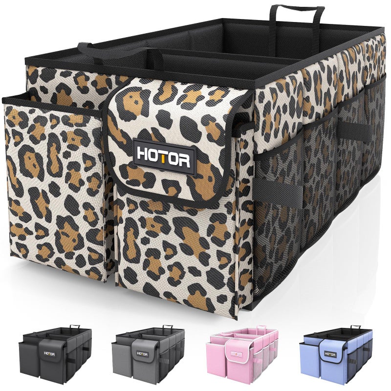 HOTOR Foldable Trunk Organizer - Leopard, SUV & Sedan Fits, 2 Compartments, 21.3"12.6"10.6" Sturdy Car Organization for Tools, Accessories, Sundries - Image 3