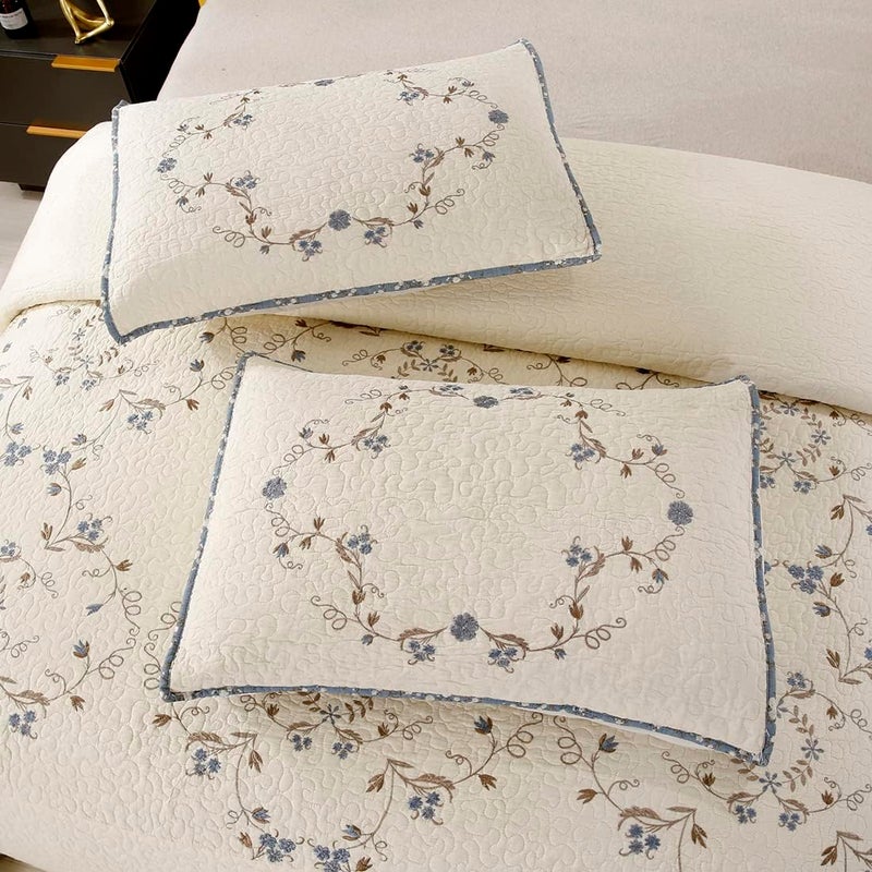 vctops 3-Piece 100% Cotton Bedspread Coverlet Set King Size Elegant Floral Embroidered Reversible Patchwork 1 Quilt and 2 Pillow Shams (Flower B,King) - Image 5
