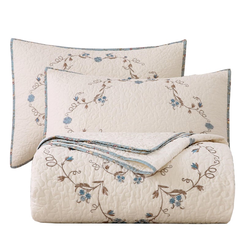 vctops 3-Piece 100% Cotton Bedspread Coverlet Set King Size Elegant Floral Embroidered Reversible Patchwork 1 Quilt and 2 Pillow Shams (Flower B,King) - Image 1