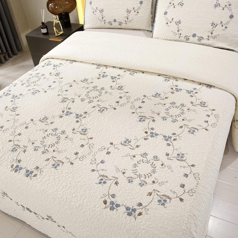 vctops 3-Piece 100% Cotton Bedspread Coverlet Set King Size Elegant Floral Embroidered Reversible Patchwork 1 Quilt and 2 Pillow Shams (Flower B,King) - Image 3