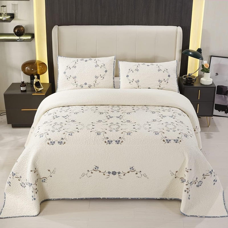 vctops 3-Piece 100% Cotton Bedspread Coverlet Set King Size Elegant Floral Embroidered Reversible Patchwork 1 Quilt and 2 Pillow Shams (Flower B,King) - Image 2