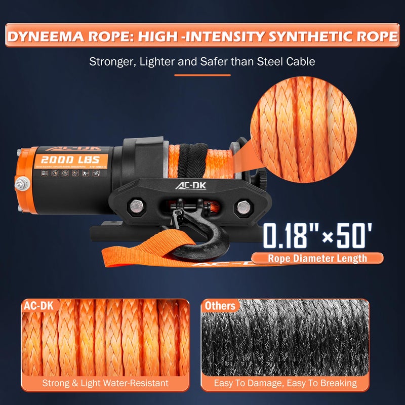 AC-DK 12V 2000-lb. ATV/UTV Electric Winch, Off-Road Synthetic Rope Winch for Trailer Boat RV Towing Winches, ATV/UTV Winch with Big Yellow Wired Remote and Winch Mounting Plate - Image 5