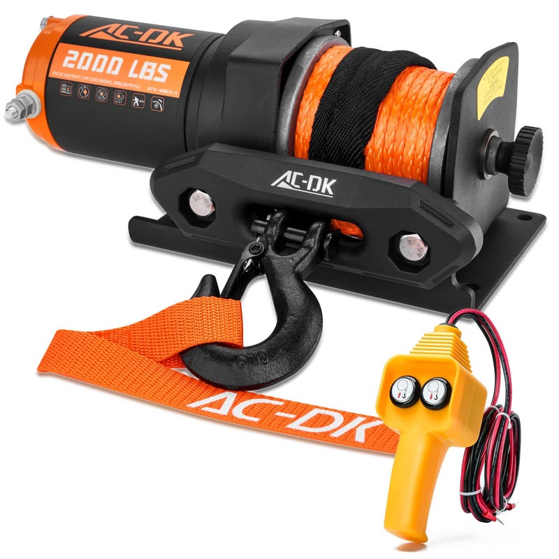 AC-DK 12V 2000-lb. ATV/UTV Electric Winch, Off-Road Synthetic Rope Winch for Trailer Boat RV Towing Winches, ATV/UTV Winch with Big Yellow Wired Remote and Winch Mounting Plate - Image 1