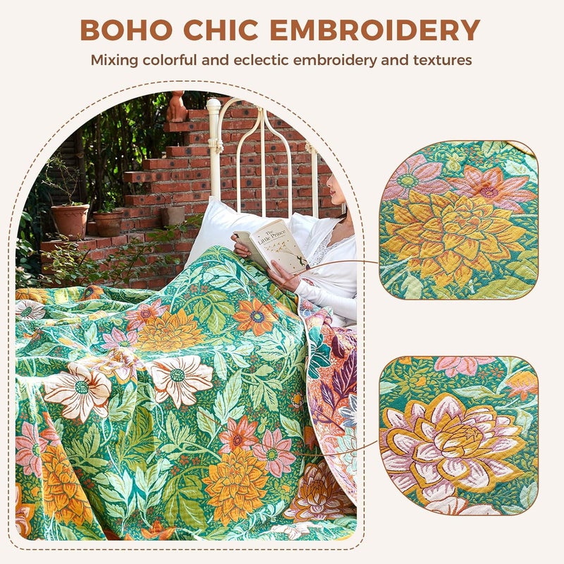 LUTBM Boho Throw Blanket for Bed Cotton Blankets Twin Size for Bedroom Living Room All Season Lightweight Floral Embroidery Quilt for Couch Sofa Chair 60"x80" - Image 3