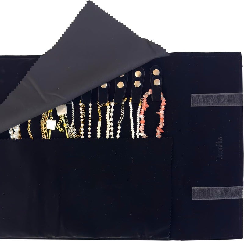 UnionPlus Velvet Travel Jewelry Roll Bag Organizer for Necklace, Elastic Band and Anti-winding, Large, Black - Image 3
