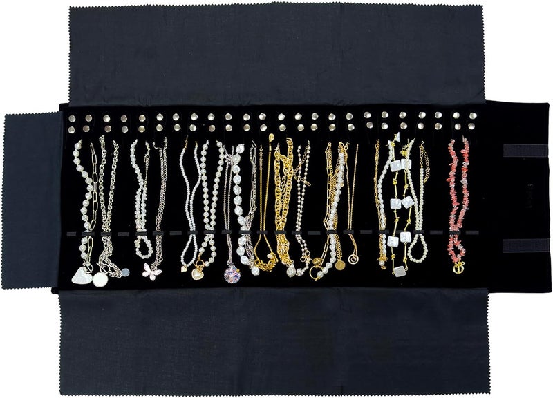 UnionPlus Velvet Travel Jewelry Roll Bag Organizer for Necklace, Elastic Band and Anti-winding, Large, Black - Image 1