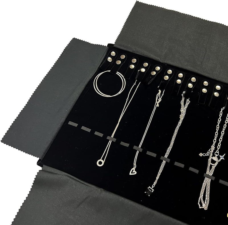 UnionPlus Velvet Travel Jewelry Roll Bag Organizer for Necklace, Elastic Band and Anti-winding, Large, Black - Image 4