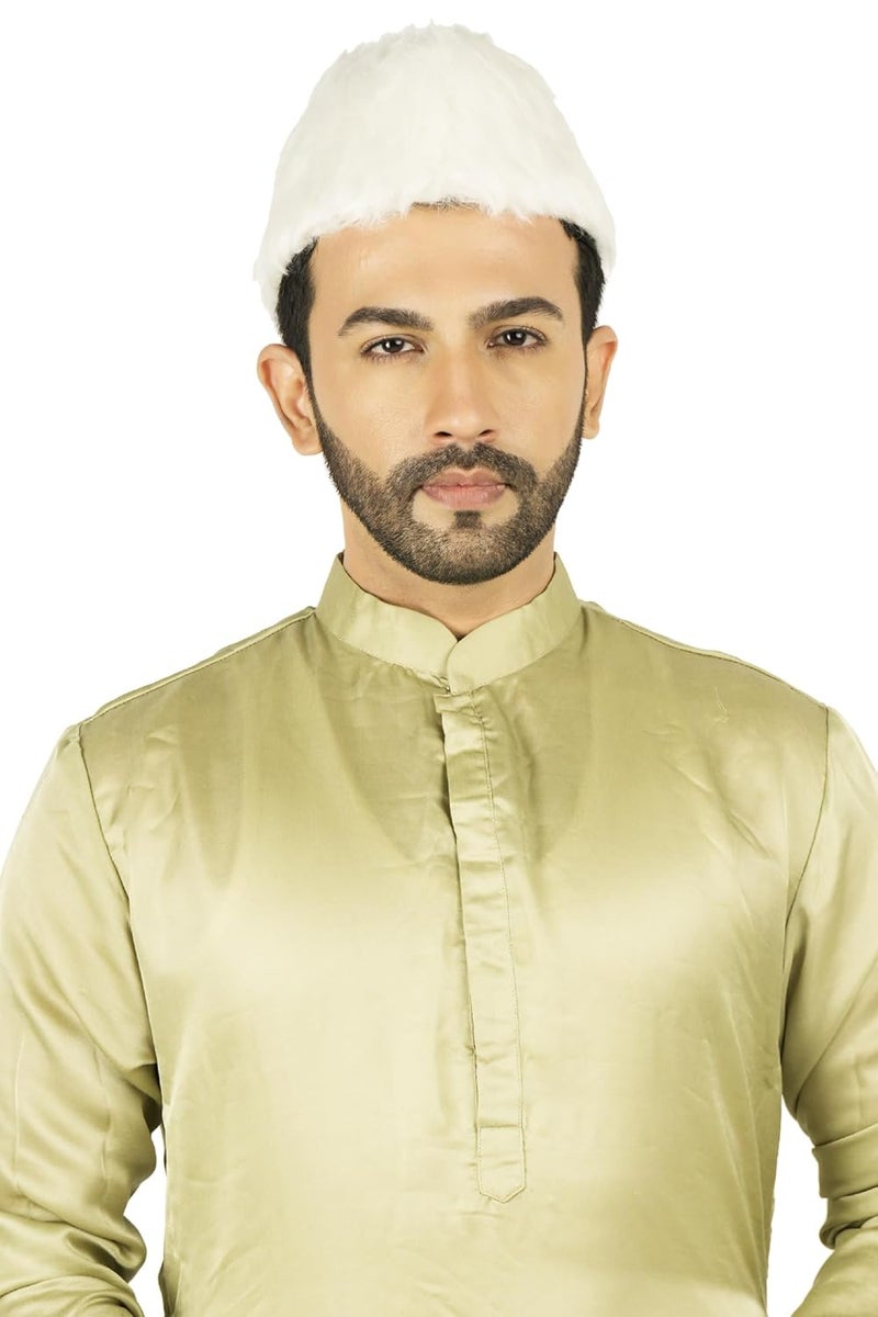 PRIYAKANT SAFAWALA قبعة/طربوش/عمامة تقليدية للرجال مصنوعة يدويًا جاهزة للارتداء للاستخدام في احتفالات ديوالي الخاصة، الزفاف والفعاليات التقليدية (قبعة فرو بيضاء، مقاس مجاني) - Image 1