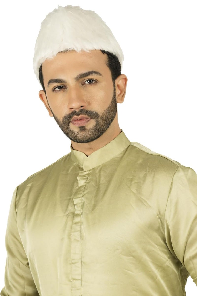 PRIYAKANT SAFAWALA قبعة/طربوش/عمامة تقليدية للرجال مصنوعة يدويًا جاهزة للارتداء للاستخدام في احتفالات ديوالي الخاصة، الزفاف والفعاليات التقليدية (قبعة فرو بيضاء، مقاس مجاني) - Image 3