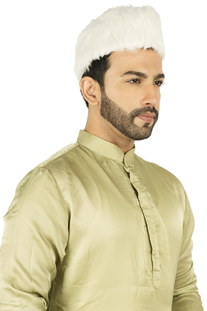 PRIYAKANT SAFAWALA قبعة/طربوش/عمامة تقليدية للرجال مصنوعة يدويًا جاهزة للارتداء للاستخدام في احتفالات ديوالي الخاصة، الزفاف والفعاليات التقليدية (قبعة فرو بيضاء، مقاس مجاني) - Image 2