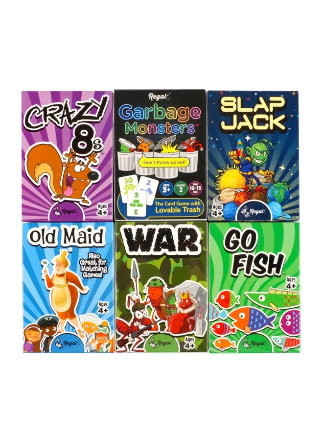 ريجال جيمز ألعاب ورقية من Regal Games للأطفال - Go Fish، Crazy 8's، Old Maid، Slap Jack، Garbage Monster، War - ألعاب طاولة عائلية كلاسيكية بسيطة وممتعة - قد تختلف الألعاب (مجموعة من 6 قطع) - Image 1