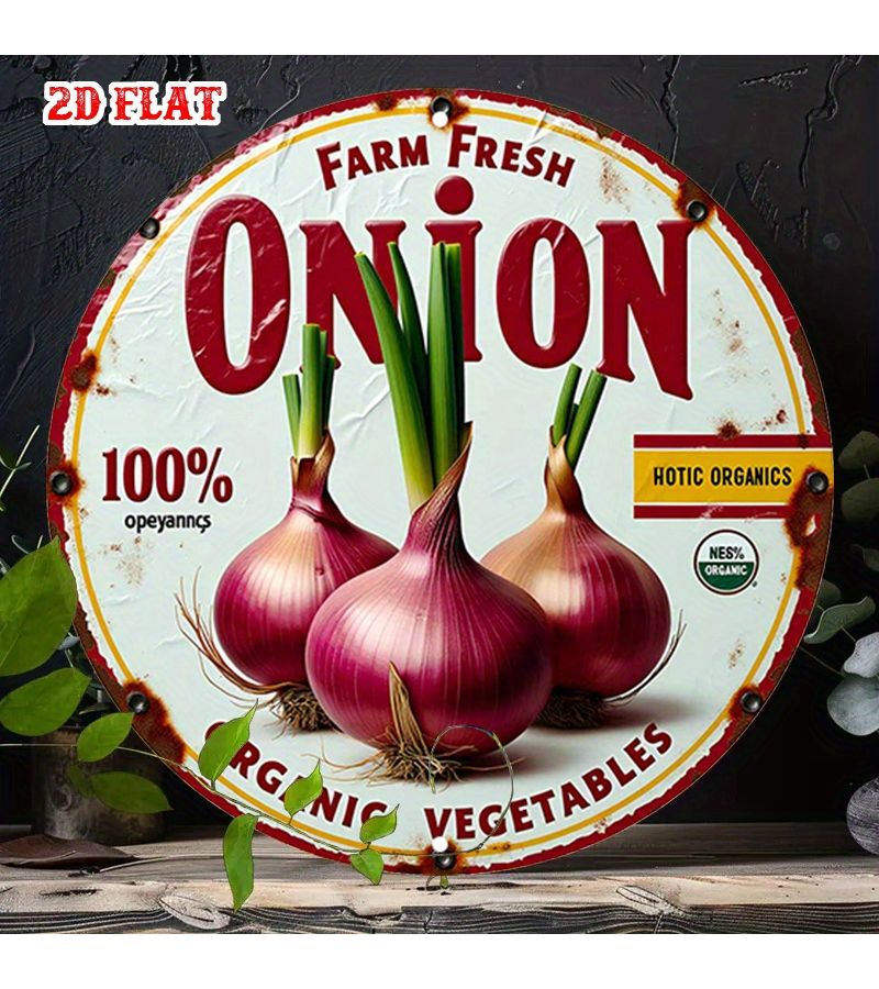 علامة ألمنيوم دائرية ثنائية الأبعاد تصطحب صور الخضروات بقياس 7.8 × 7.8 بوصة، مثالية للواء الريفي الطازج والديكور الحائطي العتيق للمنزل أو المرآب أو منطقة تناول الطعام أو المقهى - Image 1