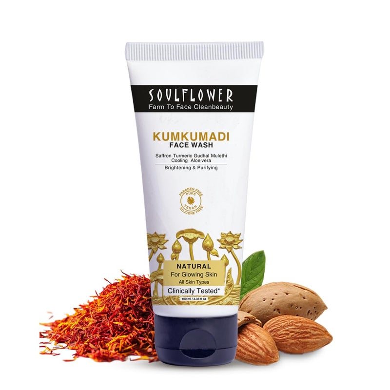 Soulflower Soulflower Kumkumadi Face Wash for Deep Cleansing Instant Glow Moisturizing Face Cleanser with Aloe Vera Turmeric Gudhal Saffron Almond Paraben Free Vegan Clinicaly Tested 100ml - Image 1