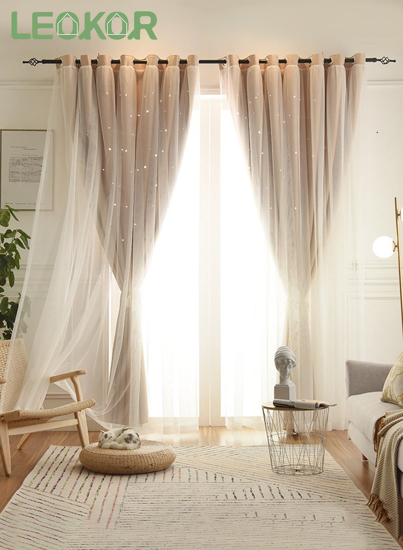 LEOKOR 2 Panels Stars Blackout Curtains Tulle Overlay Star Cut Out Silver Grommet Curtains 132x214CM - Image 1