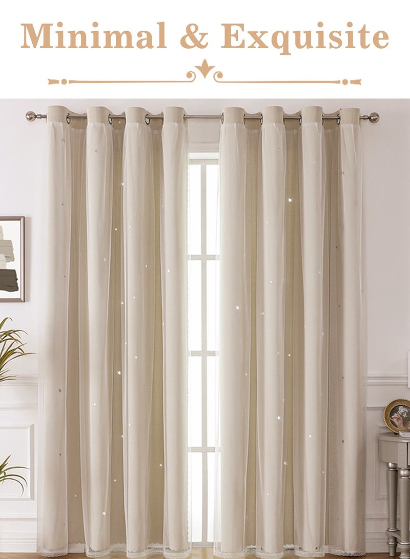 LEOKOR 2 Panels Stars Blackout Curtains Tulle Overlay Star Cut Out Silver Grommet Curtains 132x214CM - Image 2