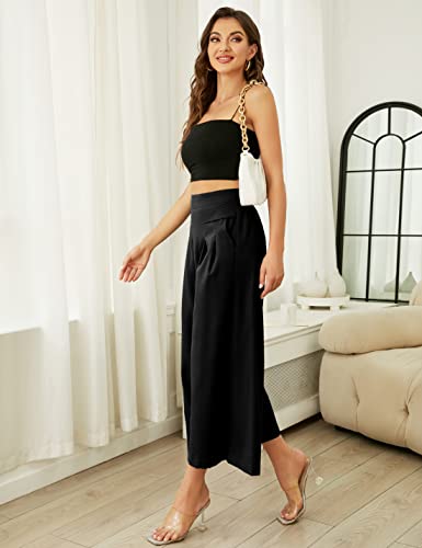 Hooever Women's Cotton Linen Culottes Pants Elastic Waist Wide Leg Palazzo Trousers Capri Pant(Black-L) - Image 3