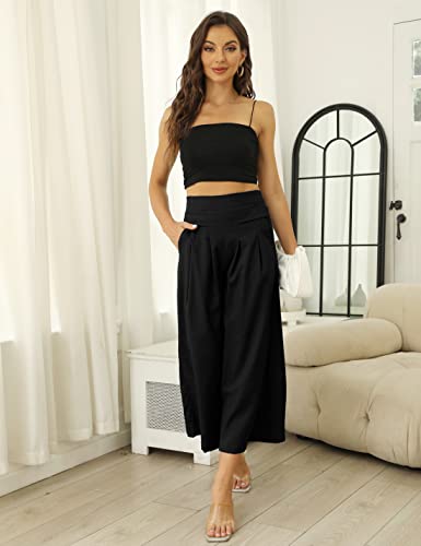 Hooever Women's Cotton Linen Culottes Pants Elastic Waist Wide Leg Palazzo Trousers Capri Pant(Black-L) - Image 2