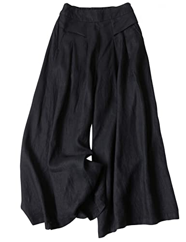 Hooever Women's Cotton Linen Culottes Pants Elastic Waist Wide Leg Palazzo Trousers Capri Pant(Black-L) - Image 1