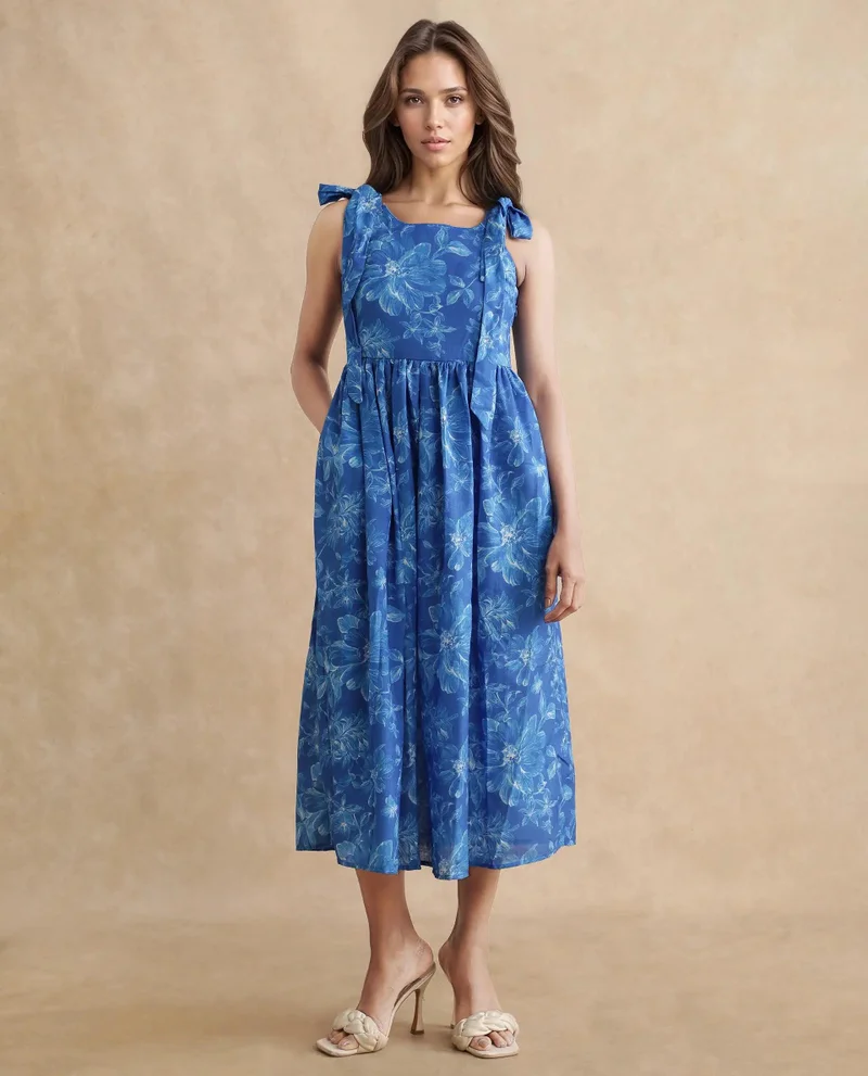 Rareism Women's Floral Print Midi Dress With Tie Strap