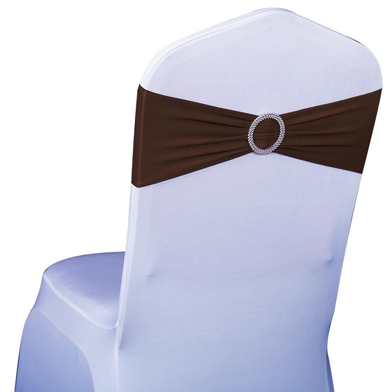 SINSSOWL SINSSOWL 100PCS Stretch Wedding Brown Chair Sashes Bands with Buckle Slider Sashes Bow Decorations 25 Colors Chocolate 