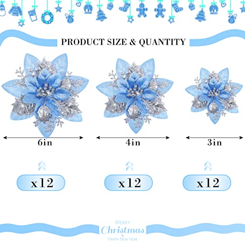 Geosar 36 Pcs Christmas Glitter Artificial Poinsettia Flowers Xmas Poinsettia Artificial Wedding Flowers Decorations Xmas Tree Ornaments with Clips for Party 6 Inch 4 Inch 3 InchSilver and Blue - Image 3