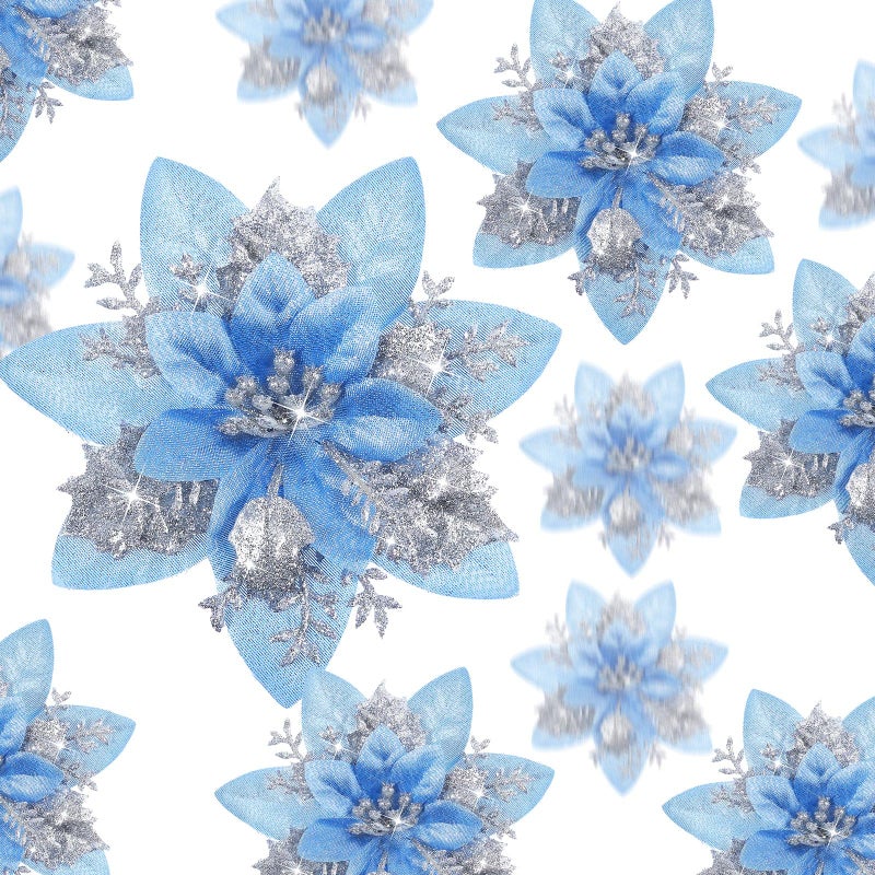 Geosar 36 Pcs Christmas Glitter Artificial Poinsettia Flowers Xmas Poinsettia Artificial Wedding Flowers Decorations Xmas Tree Ornaments with Clips for Party 6 Inch 4 Inch 3 InchSilver and Blue - Image 2