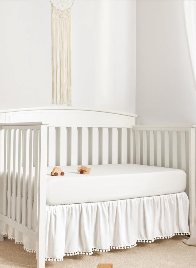 Tiny & Joy White Ruffled Crib Skirt with Pompoms, 14 Inch Drop Microfiber Nursery Crib Toddler Bedding Skirt, for Baby Boys Girls, Fits All Standard Cribs - Image 2