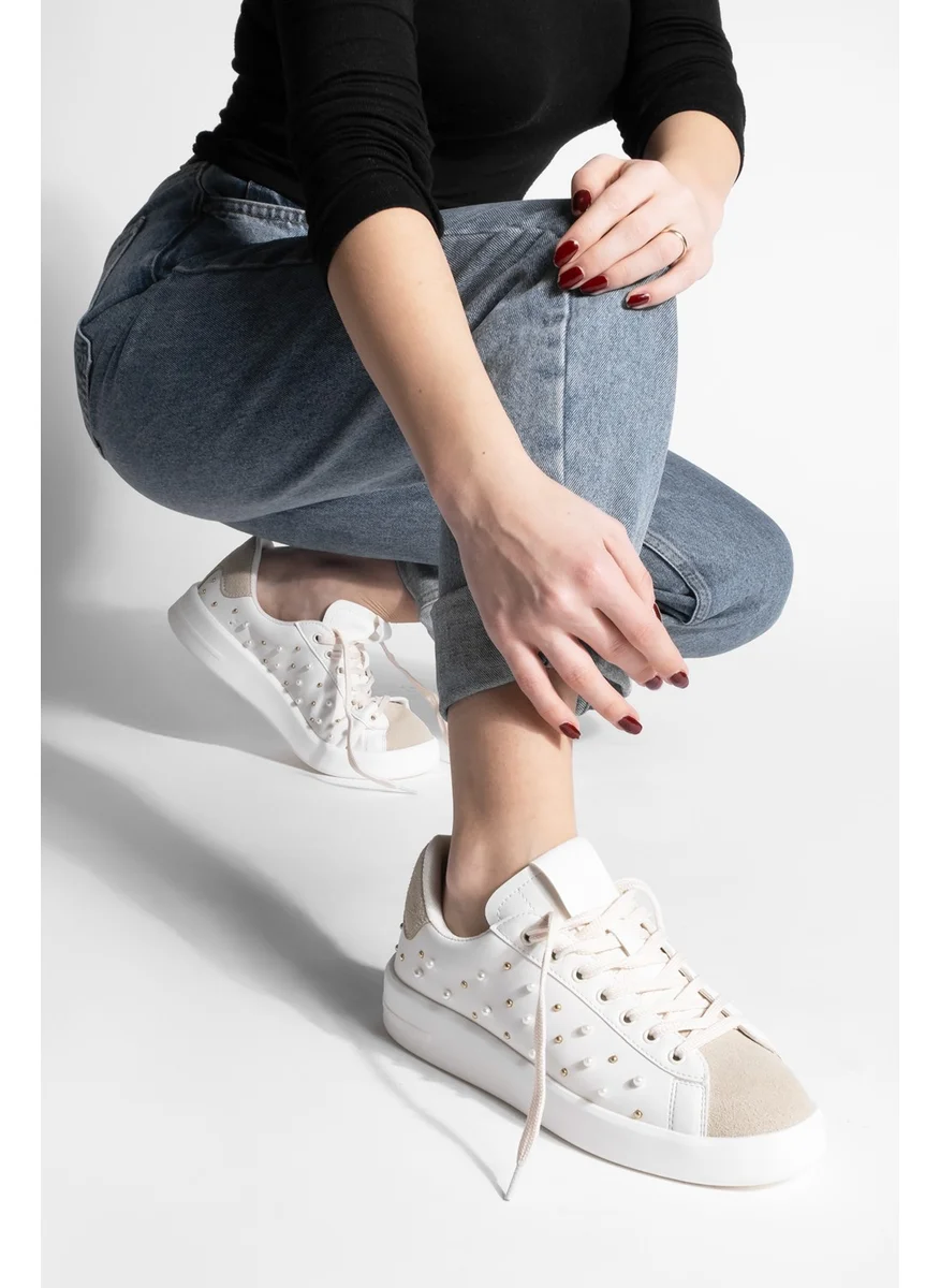 MARJIN Women's Sneaker Pearl Studded Sneakers Lenso