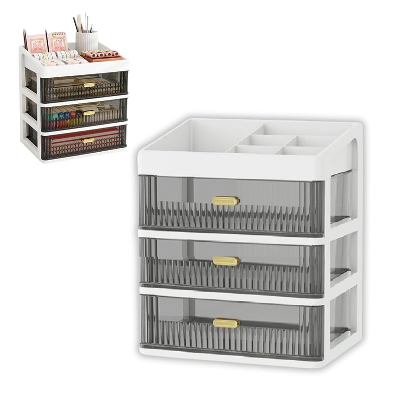 KREPS Desk Makeup Organizer, Plastic Storage Box with Sliding Drawer, Stylish Display Case for Cosmetics, Lotion, Nail Polish,Brushes,and Jewelry (3 - Layer, White) - Image 1