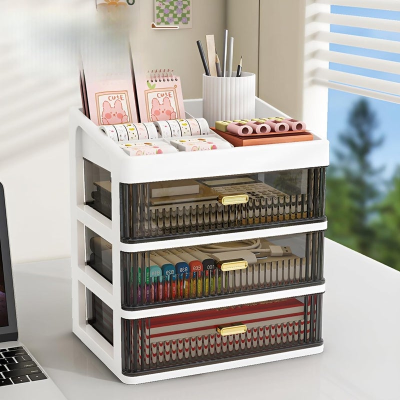 KREPS Desk Makeup Organizer, Plastic Storage Box with Sliding Drawer, Stylish Display Case for Cosmetics, Lotion, Nail Polish,Brushes,and Jewelry (3 - Layer, White) - Image 3