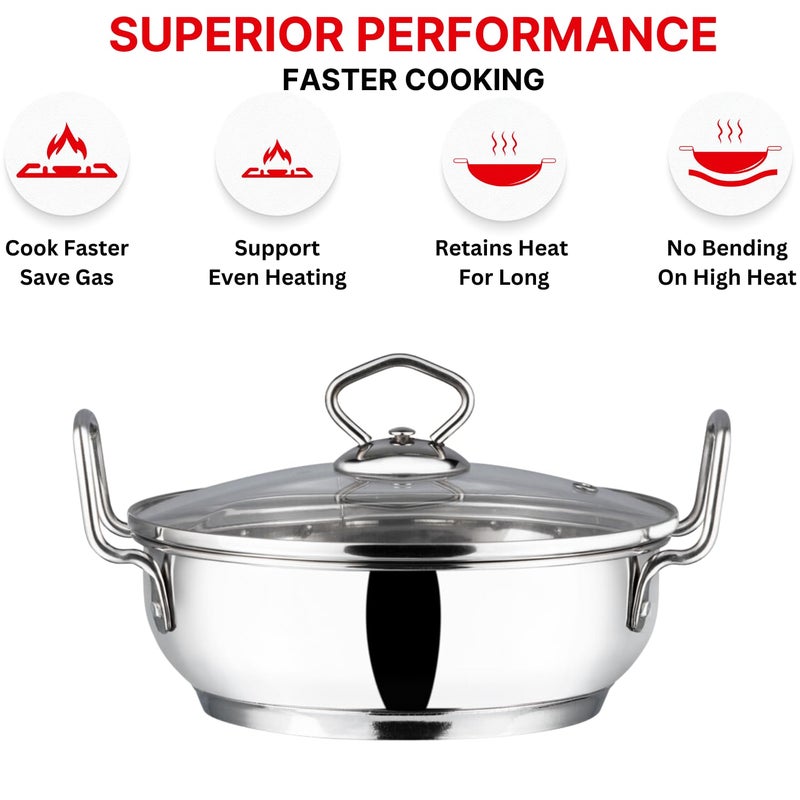 VINOD Vinod Stainless Steel Kadhai with Glass Lid 27 Litre 24cm Extra Thick SAS Heavy Bottom Kadai for Cooking Induction and Gas Base 2 Year Warranty Silver  - Image 5