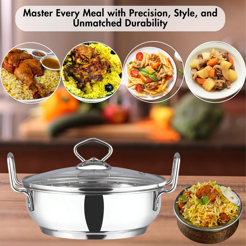 VINOD Vinod Stainless Steel Kadhai with Glass Lid 27 Litre 24cm Extra Thick SAS Heavy Bottom Kadai for Cooking Induction and Gas Base 2 Year Warranty Silver  - Image 4