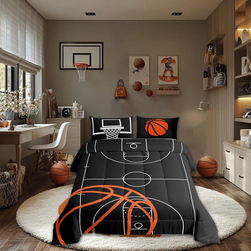 Castle Fairy Basketball Court Print Comforter Set for Kids BoysBall Sports Games Themed All Season Cozy Bedding Set Twin SizeOrange Basketball and Hoop Quilt Set Home DecorChildren Birthday Gift 