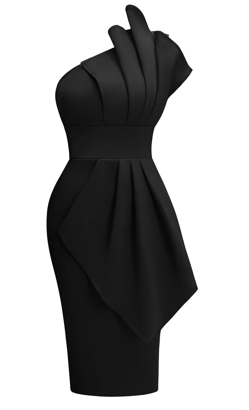 Memoriesea Women's Elegant One Shoulder Pleated Detail Bodycon Party Club Midi Dress Black - Image 1