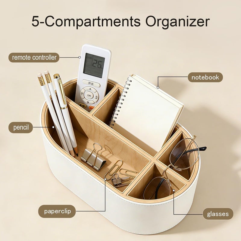 KINGFOM Leather Desk Organiser, Pen Holder with 5 Compartments, Oval Office Organiser for Pens, Remote Control & Accessories, Black, for Office & Home Office (White) - Image 4