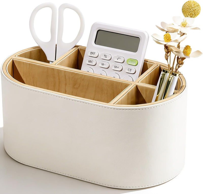 KINGFOM Leather Desk Organiser, Pen Holder with 5 Compartments, Oval Office Organiser for Pens, Remote Control & Accessories, Black, for Office & Home Office (White) - Image 1