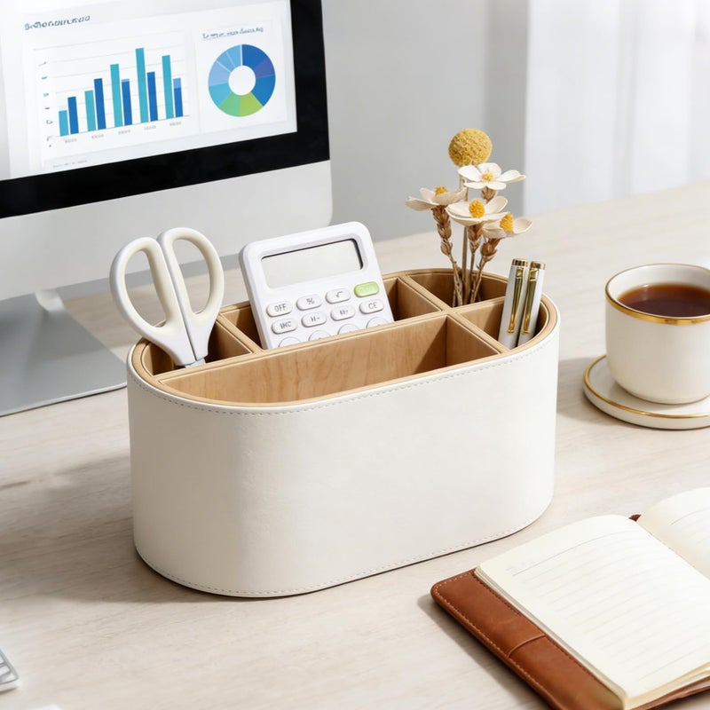 KINGFOM Leather Desk Organiser, Pen Holder with 5 Compartments, Oval Office Organiser for Pens, Remote Control & Accessories, Black, for Office & Home Office (White) - Image 2