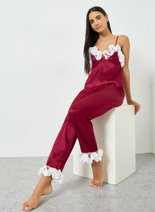 Take Two Red Ruffle Trim Satin Cami and Pyjama Set