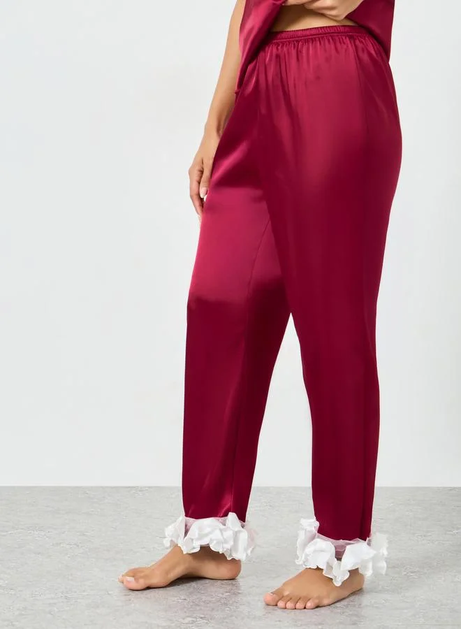Take Two Burgundy Red Ruffle Trim Satin Cami and Pyjama Set for Women | Best Price UAE