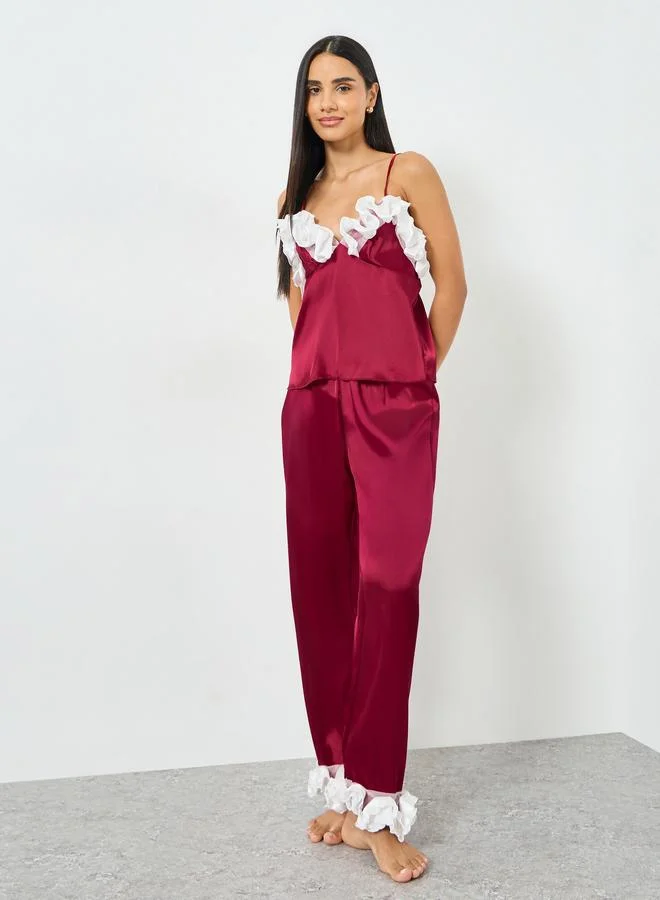 Take Two Red Ruffle Trim Satin Cami and Pyjama Set